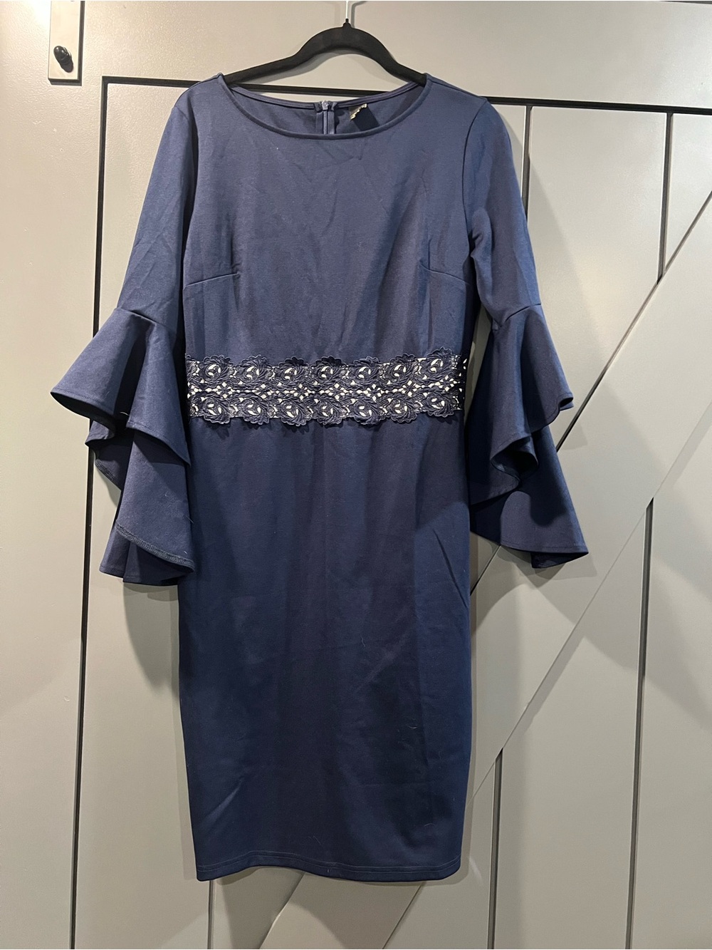 Navy Long-Sleeve Lace-Waist Dress with Ruffle Sleeves